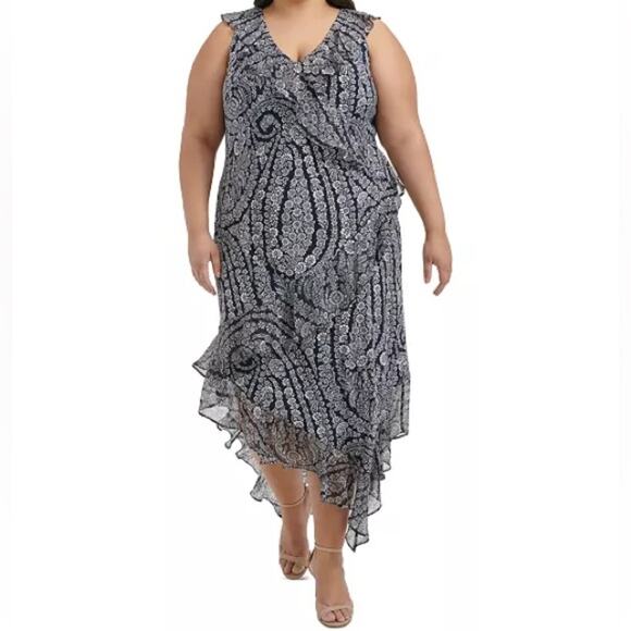 Tommy Hilfiger Plus Size Ruffled Printed Midi Dress Black White Women’s Sz 22W - Picture 1 of 10